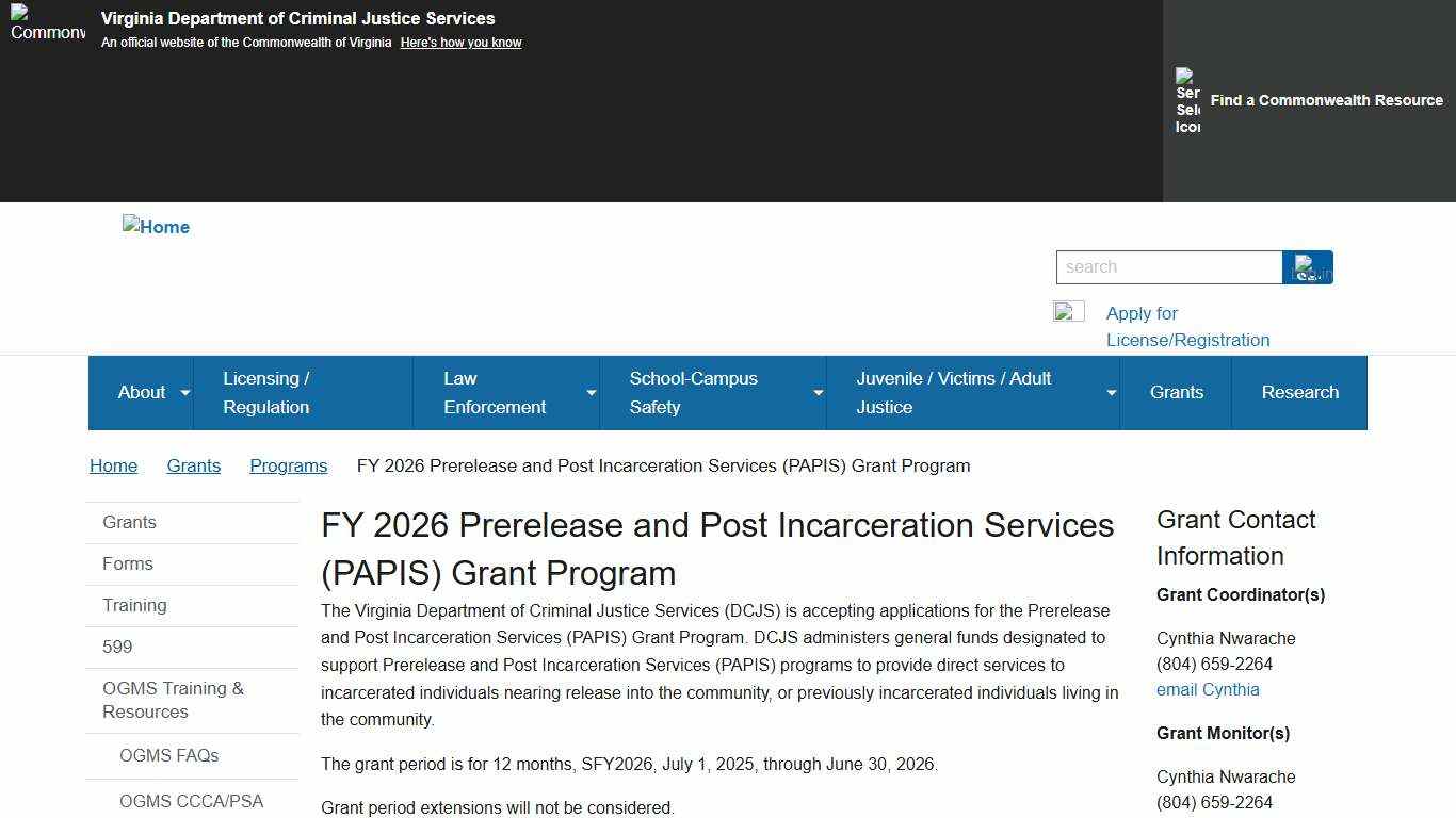 FY 2026 Prerelease and Post Incarceration Services (PAPIS) Grant Program | Virginia Department of Criminal Justice Services