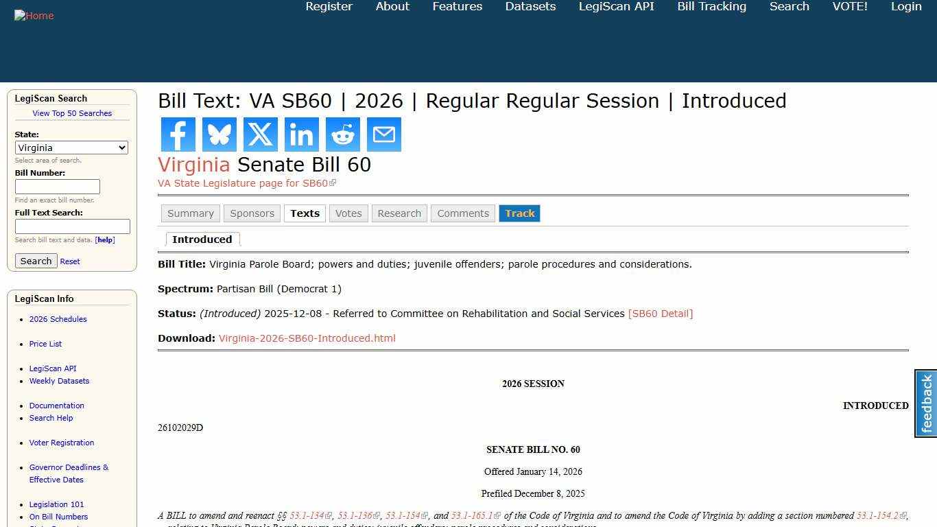 Bill Text: VA SB60 | 2026 | Regular Regular Session | Introduced | LegiScan